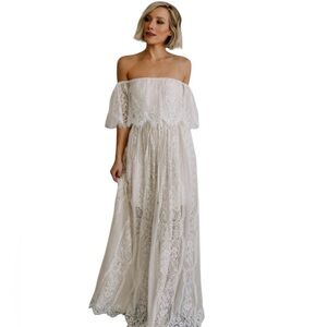 Baltic Born White Nude Caroline Lace Maxi Dress Off Shoulder Sheer Romance Sz S